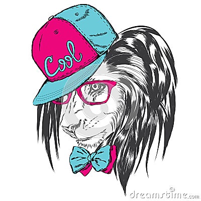 Lion in cap and glasses. Vector Illustration