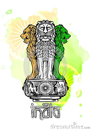 Lion capital of Ashoka in Indian flag color. Emblem of India. Watercolor texture backdrop Vector Illustration