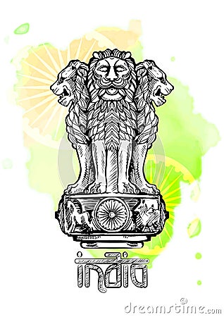 Lion capital of Ashoka in Indian flag color. Emblem of India. Vector Illustration