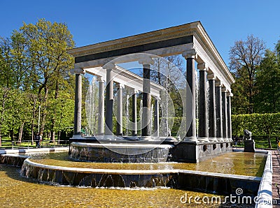 The Lion Cascade fountain. It is a pool with waterfall ledges of pudost stone, decorated with two bronze sculptures of Editorial Stock Photo