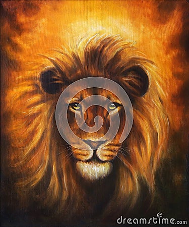 Lion close up portrait, lion head with golden mane, beautiful detailed oil painting on canvas, eye contact. Stock Photo