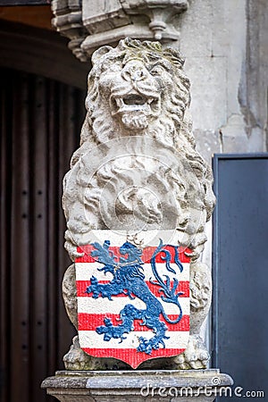 Lion with coat of arms of Bruges at the Grote Markt Stock Photo