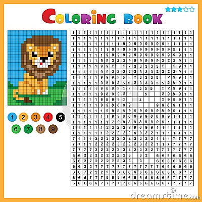 Lion. Color by numbers. Coloring book for kids. Colorful Puzzle Game for Children with answer Vector Illustration