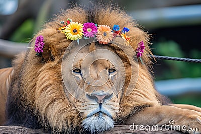 lion with colorful gerberas in its mane lying down Stock Photo
