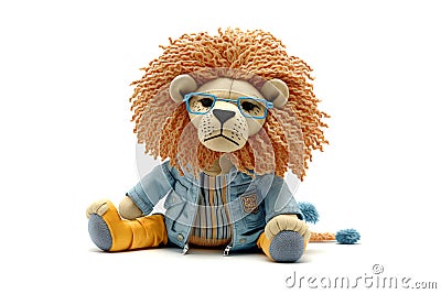 Lion with cool clothes isolated on white, stuffed toy, illustration ai Cartoon Illustration