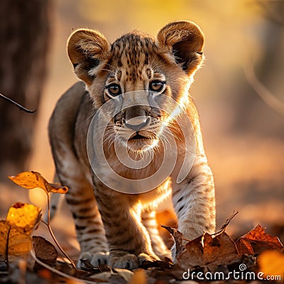 Lion Cub at the Gir Forest National Park Cartoon Illustration