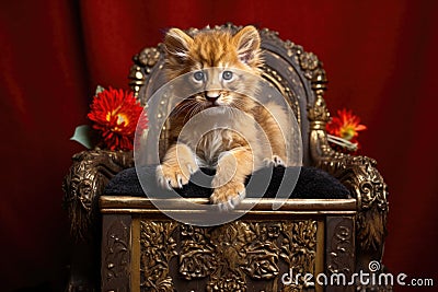 a lion cub playing on an ornate golden throne Stock Photo