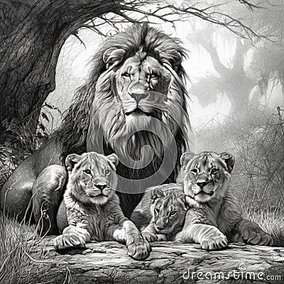 Lion and cubs Cartoon Illustration