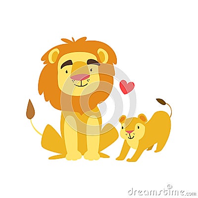 Lion Dad Animal Parent And Its Baby Calf Parenthood Themed Colorful Illustration With Cartoon Fauna Characters Vector Illustration