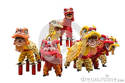 Static display of Chinese (Southern) Lion Dance, isolated on white background to celebrate the Lunar New Year Stock Photo