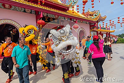 Lion dance show in chinese new year festival on 1st day Chinese new year Editorial Stock Photo