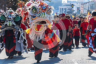 Lion dancer during the Chinatown 124th Annual Golden Dragon Parade Editorial Stock Photo