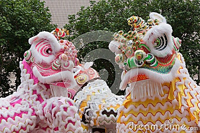 Lion, Dragon Dance in Hong Kong, China Stock Photo
