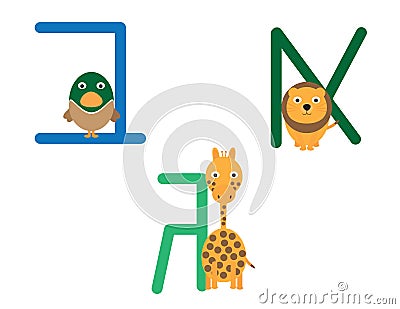 Hebrew letters with animals cartoon. Lion, duck and giraffe Vector Illustration