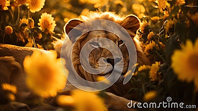 Golden Hour Dreamscape: Majestic Lion Resting Amongst Dahlia Flowers Stock Photo