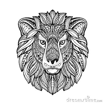 Lion ethnic graphic style with herbal ornaments and patterned mane. Vector illustration Vector Illustration