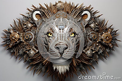 a lion face formed from a variety of metallic nuts, bolts, and washers Stock Photo