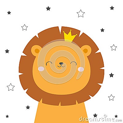 Lion face head icon. Cute kawaii animal. Golden crown. Cute cartoon funny baby character. Kids print for poster, t-shirt. Love. Vector Illustration