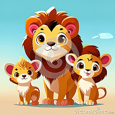 Lion family with baby lion cubs. Cartoon illustration. generative AI animal ai Cartoon Illustration