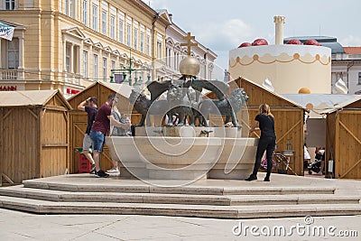 Lion fountain, Klaus square, Szeged, Hungary, Europe Editorial Stock Photo