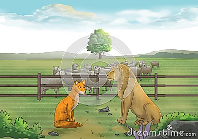 lion and fox talking in front of a flock of sheep illustration Cartoon Illustration