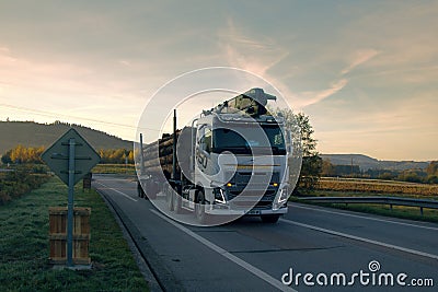 Timber truck with fur-tree logs on the highway Editorial Stock Photo