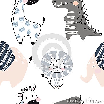 Lion, giraffe, elephant, crocodile baby seamless pattern. Scandinavian cute print. Vector Illustration