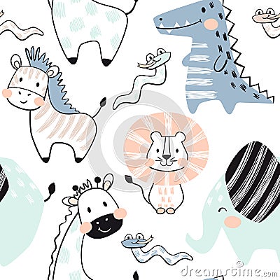 Lion, giraffe, elephant, crocodile, zebra, snake baby seamless pattern. Scandinavian cute print. Vector Illustration