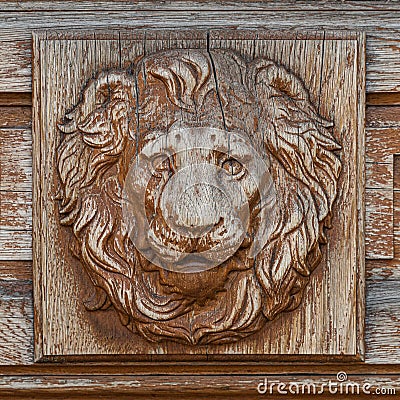 Lion head antique interior wood wall sculpture decoration Stock Photo