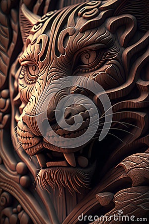 Lion head with carved wood texture. 3D rendering illustration. Cartoon Illustration