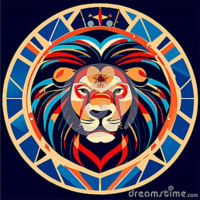 Lion head in the circle. Vector illustration in stained glass style. Generative AI Cartoon Illustration