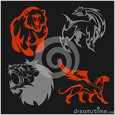 Lion head, griffin fyl bear tattoos and designs. Vector Illustration