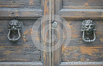 Lion head knockers on an old wooden door Stock Photo