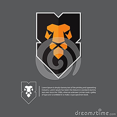 Lion head logo in flat design. Minimal logo on gray background. Vector Illustration
