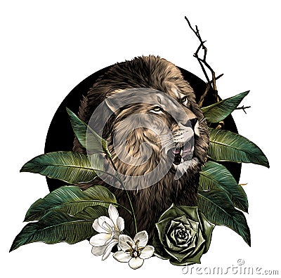 Lion head with open mouth surrounded by tropical plants leaves and flowers composition Vector Illustration