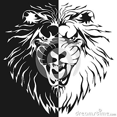 Lion head silhouette, half lion head in black tones isolated on white. Vector illustration. Vector Illustration
