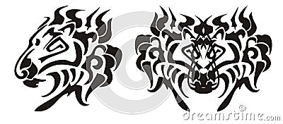 Lion head in tribal style. Black on the white Vector Illustration