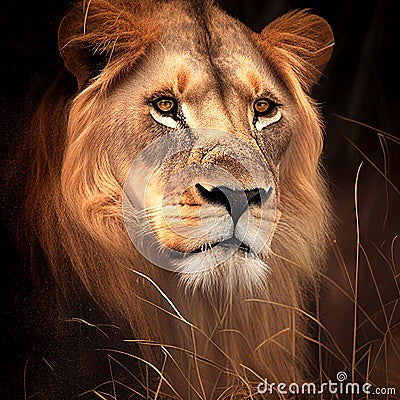 Lion in Tall Grass Stock Photo