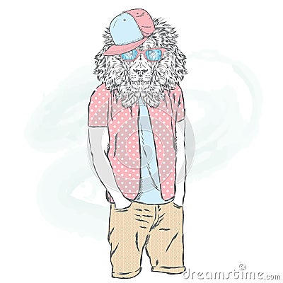 Lion hipster in summer clothes. The leo with the human body. Fashion & Style. Vector illustration for greeting card, poster, or pr Vector Illustration