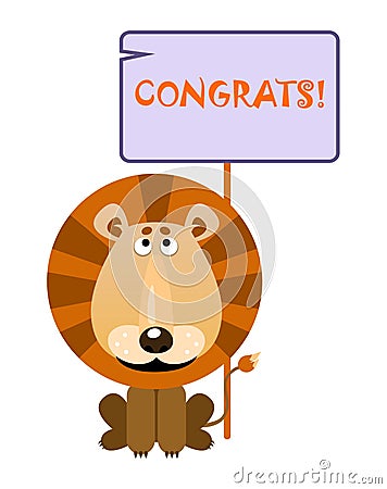 Lion holds a sign with an inscription congrats Vector Illustration