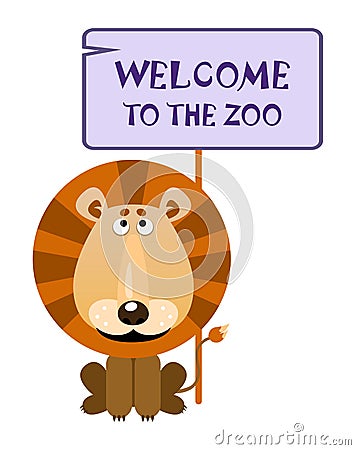 Lion holds a sign with an inscription welcome to the zoo Vector Illustration