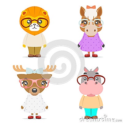 Lion horse deer hippo cute animal boy girl cubs mascot cartoon icons set flat design vector illustration Vector Illustration