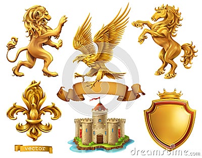 Lion, horse, eagle, lily. Golden heraldic elements. 3d vector icon set Vector Illustration