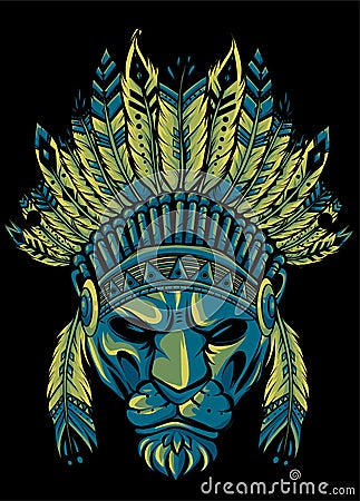 Lion Indian. American Indian. Lion's Face on black background Vector Illustration