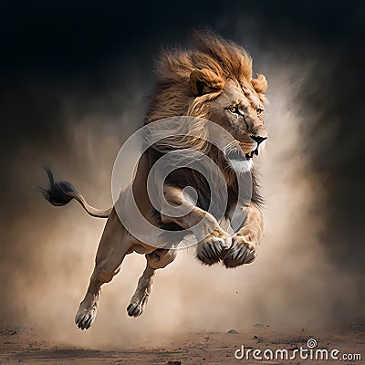 Lion Jump On The Savanna. Generative AI Stock Photo