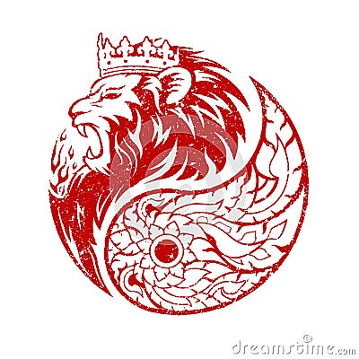 Lion King Rubber Stamp Red Yin Yang Symbol Vector Illustration