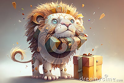 Lion King's Stylish Gift: Creatively Crafted Shirt & Colorful Box Stock Photo