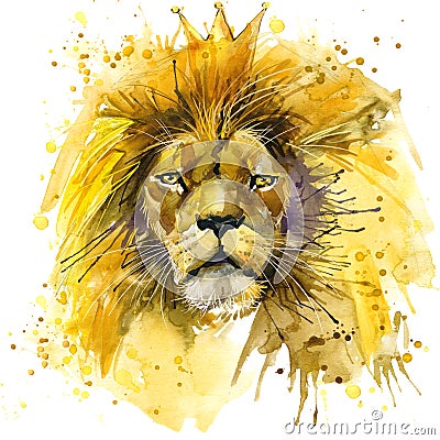 Lion King T-shirt graphics, Lion illustration with splash watercolor textured background. unusual illustration watercolor Lion Cartoon Illustration