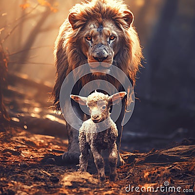 Lion and lamb in the forest Stock Photo