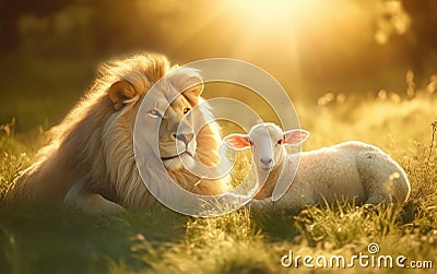 lion and lamb lie together in the meadow, millennium, biblical prophecy, generative ai Stock Photo